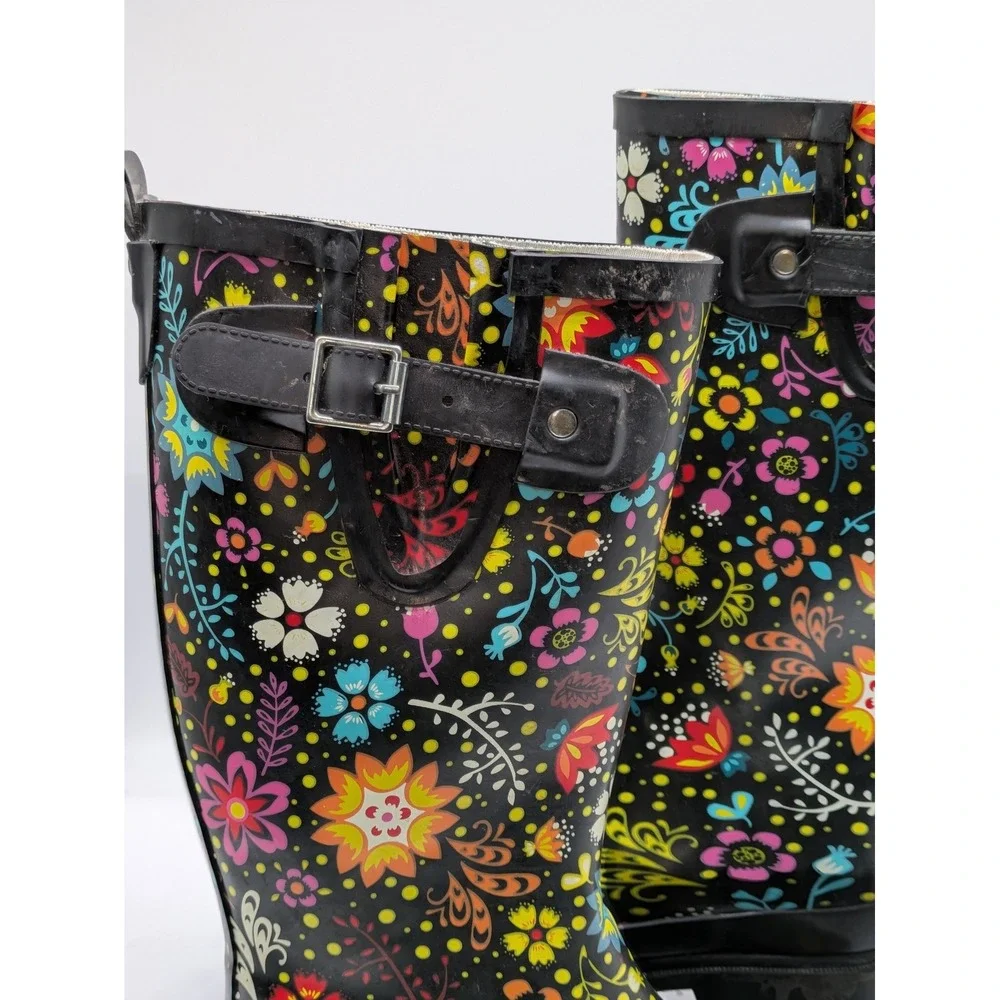 Western Chief Garden Play Rain Boots Womens 6 Black Floral Waterproof Tall